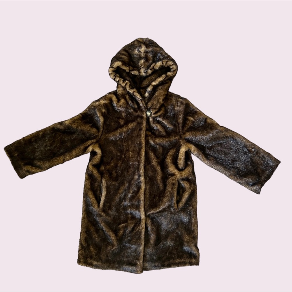 HOODED BROWN FAUX FUR COAT